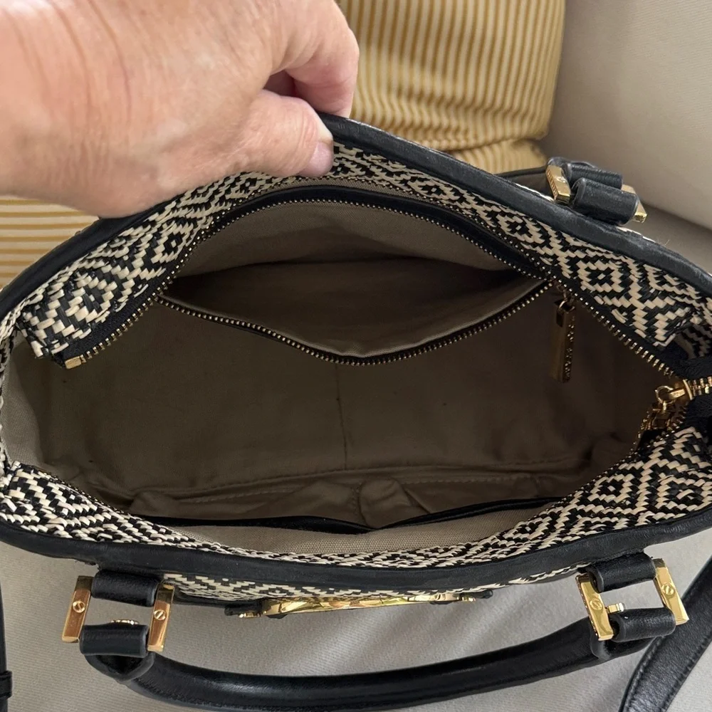 Tory Burch Amanda in Raffia Black and Cream Satchel